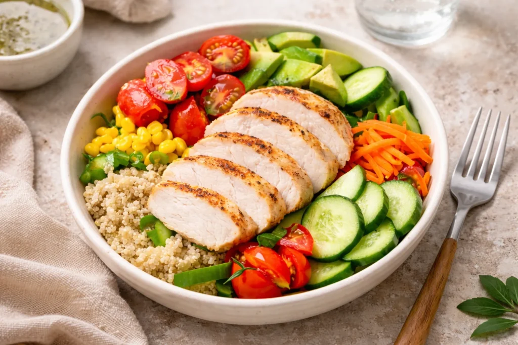 4 oz chicken breast meal with vegetables and a small portion of carbohydrates