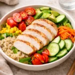 4 oz chicken breast meal with vegetables and a small portion of carbohydrates