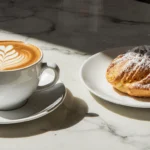 Italian breakfast with cornetto and cappuccino on a café counter