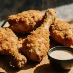 fried chicken kcal with crispy breaded chicken pieces on a wooden board