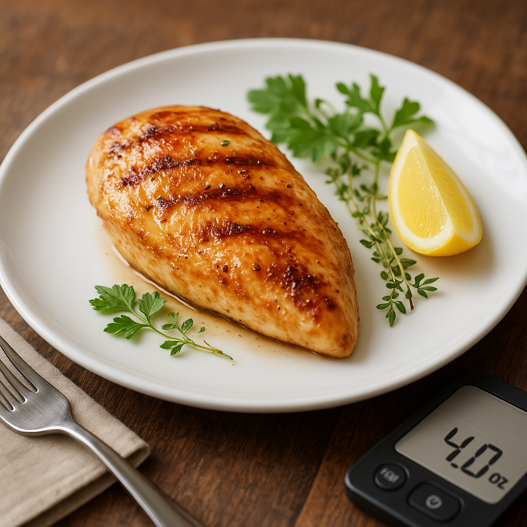 4 oz chicken breast served on plate with herbs and lemon — perfect portion size for healthy eating
