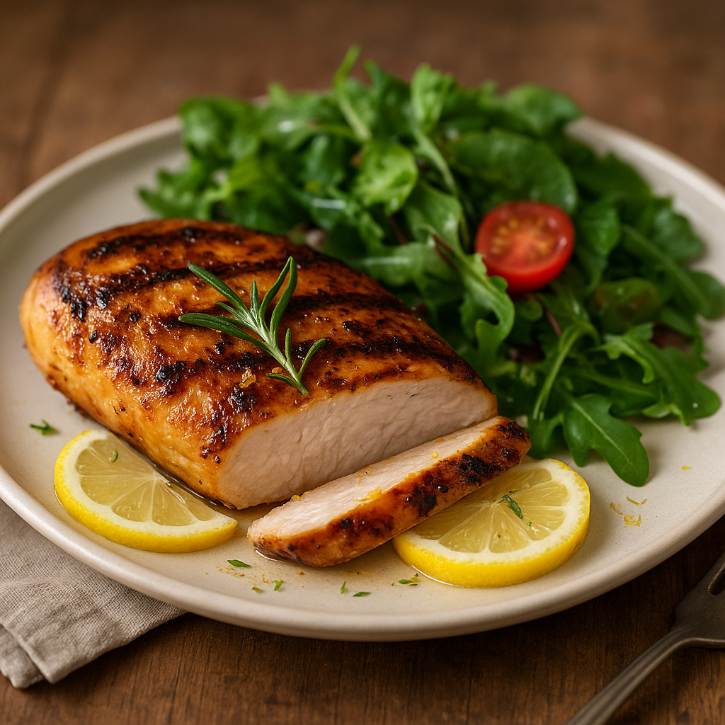 6 oz grilled chicken breast on plate with salad and lemon — high protein healthy meal serving