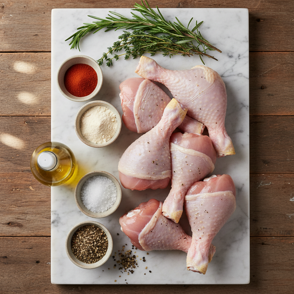 air fryer chicken legs ingredients — raw chicken drumsticks with seasonings and olive oil spray on marble surface