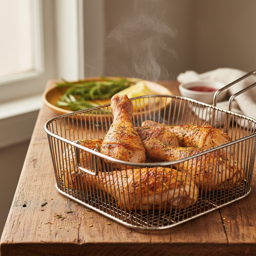 air fryer chicken legs cooking — chicken drumsticks in air fryer basket with golden browning skin