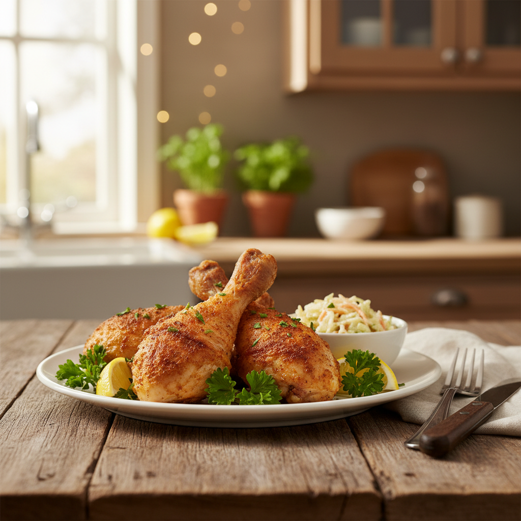 air fryer chicken legs served — crispy chicken drumsticks on dinner plate with coleslaw and lemon garnish