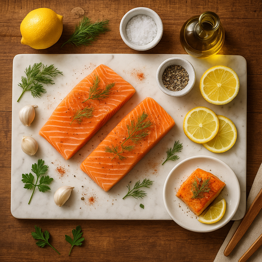 Air Fryer Salmon — Ingredients air fryer salmon ingredients — raw salmon fillets, olive oil, garlic, paprika, dill flat-lay