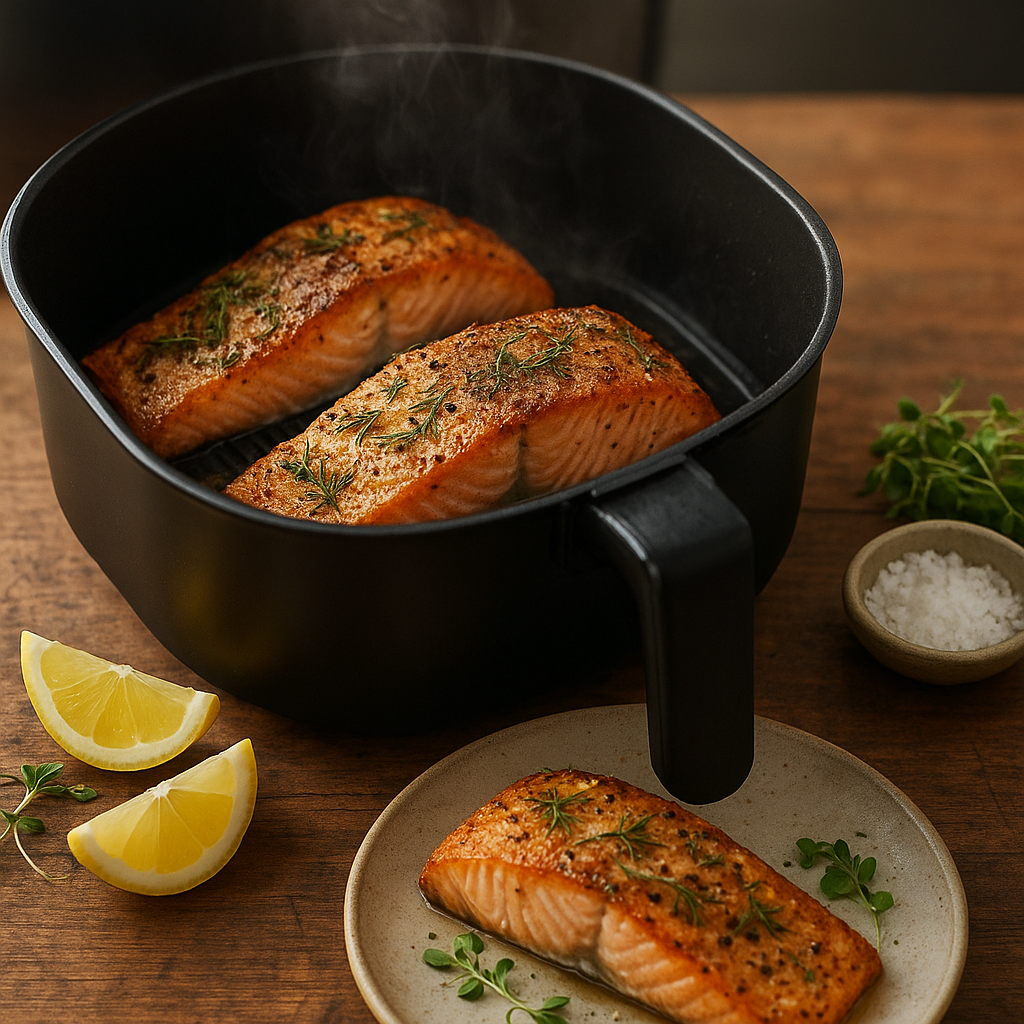 Air Fryer Salmon — Cooking Process air fryer salmon cooking — salmon fillets in air fryer basket with golden crust forming