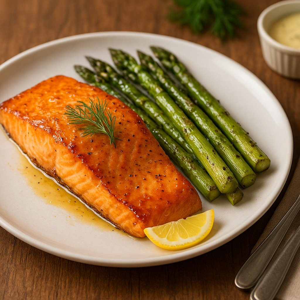 Air Fryer Salmon — Serving Shot air fryer salmon served — plated salmon fillet with asparagus and lemon garnish