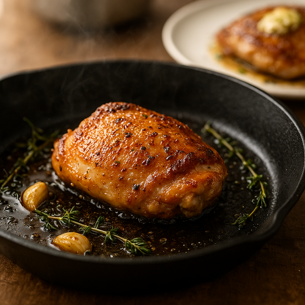 chicken thigh calories cooking — chicken thighs sizzling in cast iron skillet with steam rising