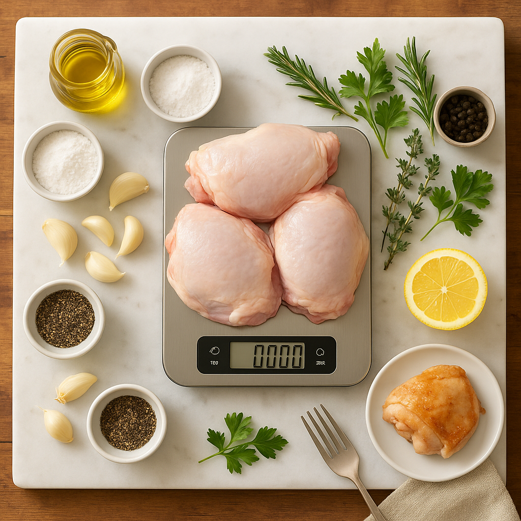 chicken thigh calories ingredients — raw chicken thighs with measuring tools and nutrition label on white marble
