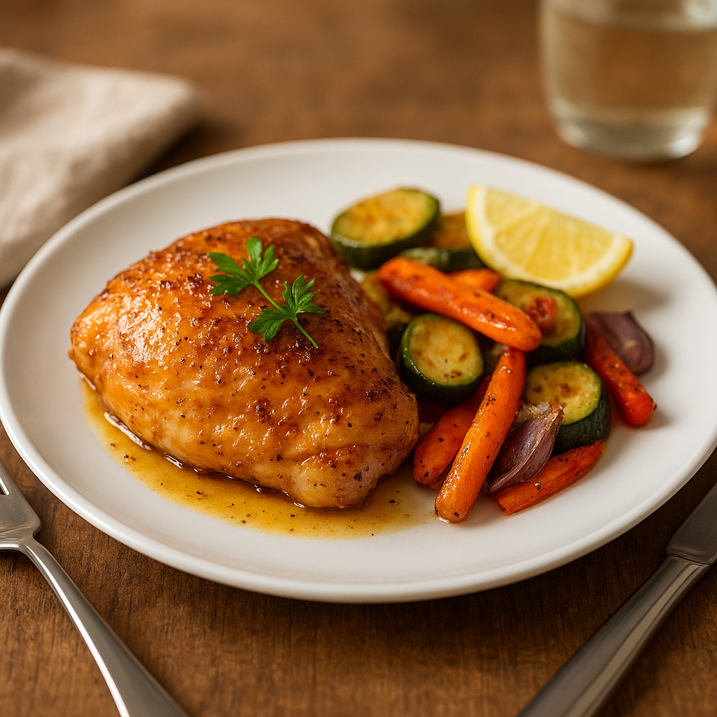 chicken thigh calories serving — plated chicken thigh dinner with roasted vegetables and herb garnish