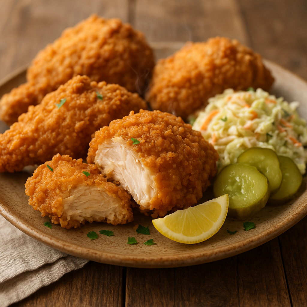 crispy golden fried chicken pieces on plate with coleslaw — calorie-conscious portion presentation