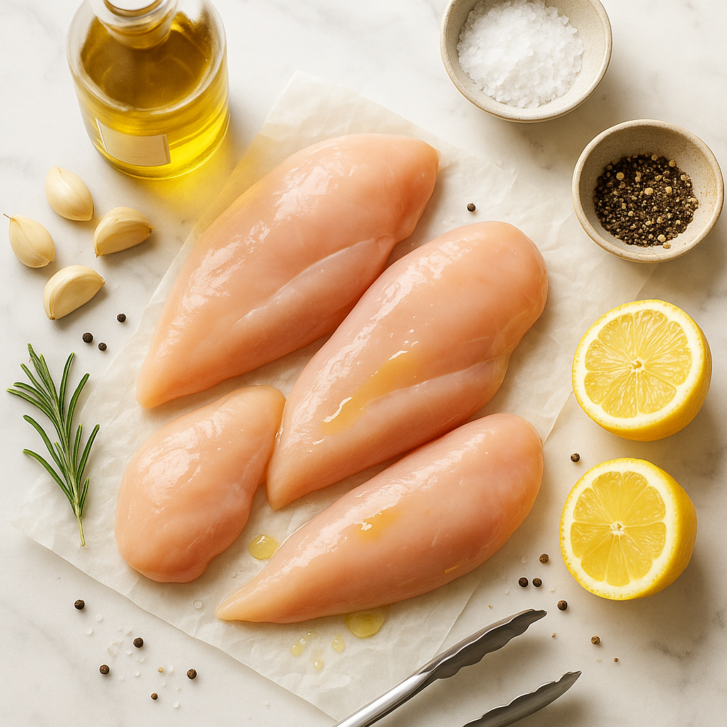 grilled chicken calories ingredients — raw chicken breasts with olive oil, garlic, rosemary, lemon on marble