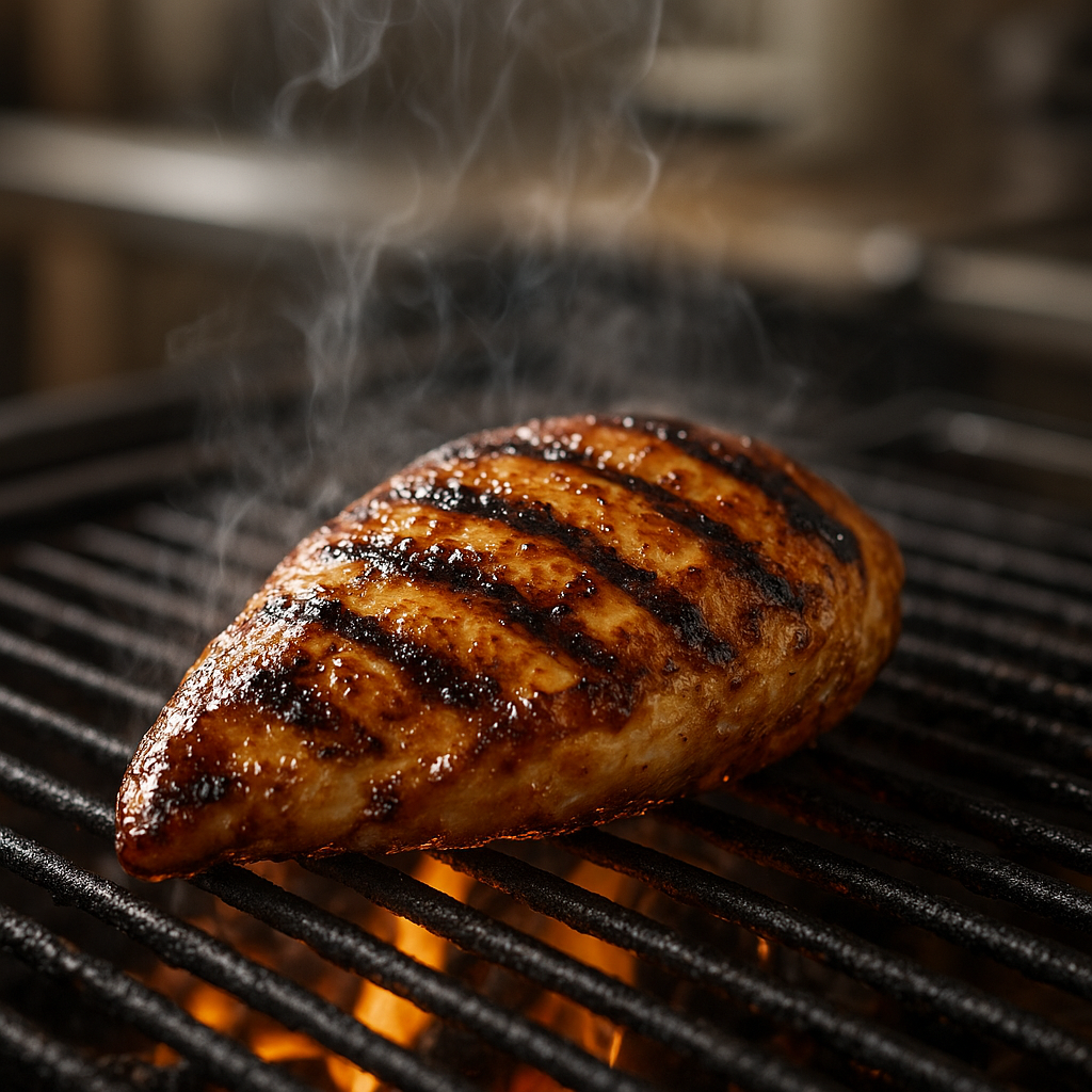 grilled chicken calories cooking — chicken breast on charcoal grill with visible grill marks and steam