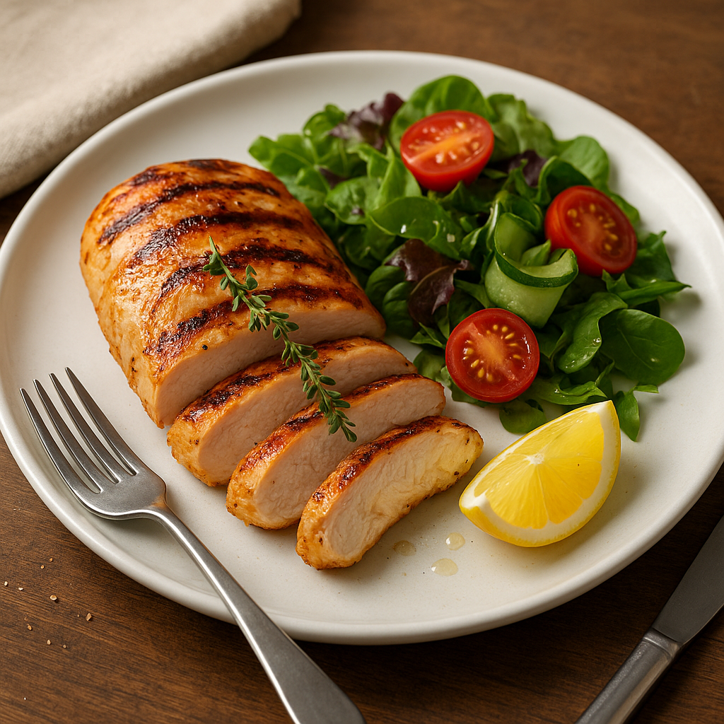 grilled chicken calories serving — sliced grilled chicken breast on plate with salad and lemon