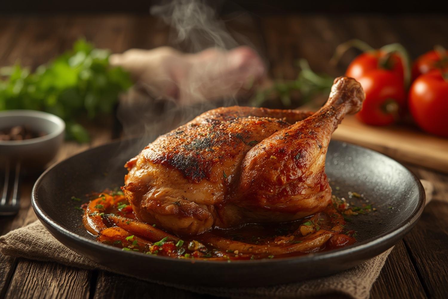 Juicy chicken leg quarter rich in essential amino acids and B vitamins served on a plate with roasted vegetables