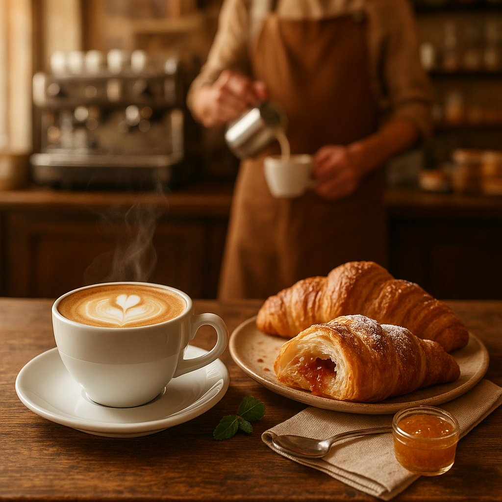 traditional Italian café bar with espresso machine and cornetti pastries for morning breakfast