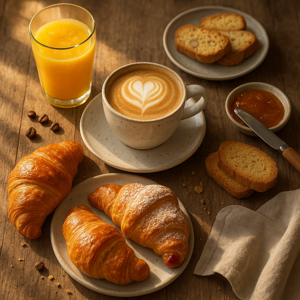 Italian breakfast table with cappuccino, cornetti, biscotti and orange juice arranged beautifully